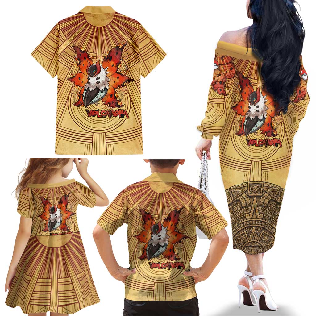 Volcarona Family Matching Off The Shoulder Long Sleeve Dress and Hawaiian Shirt Aztec Sun God Tapestry Art