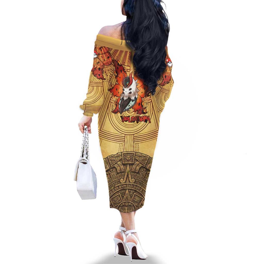 Volcarona Family Matching Off The Shoulder Long Sleeve Dress and Hawaiian Shirt Aztec Sun God Tapestry Art