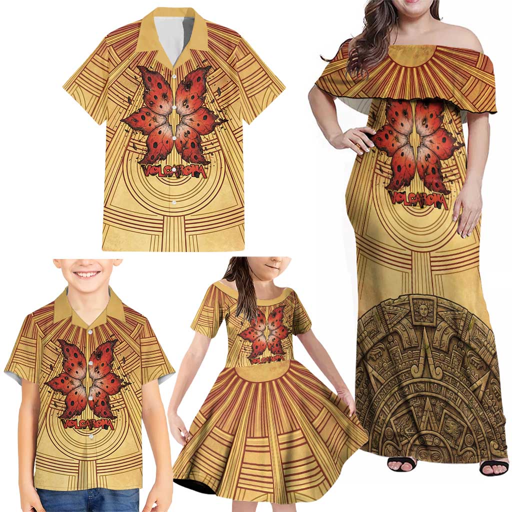 Volcarona Family Matching Off Shoulder Maxi Dress and Hawaiian Shirt Aztec Sun God Tapestry Art