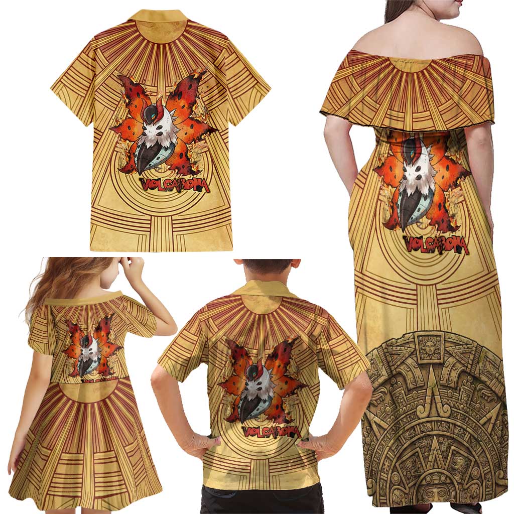 Volcarona Family Matching Off Shoulder Maxi Dress and Hawaiian Shirt Aztec Sun God Tapestry Art