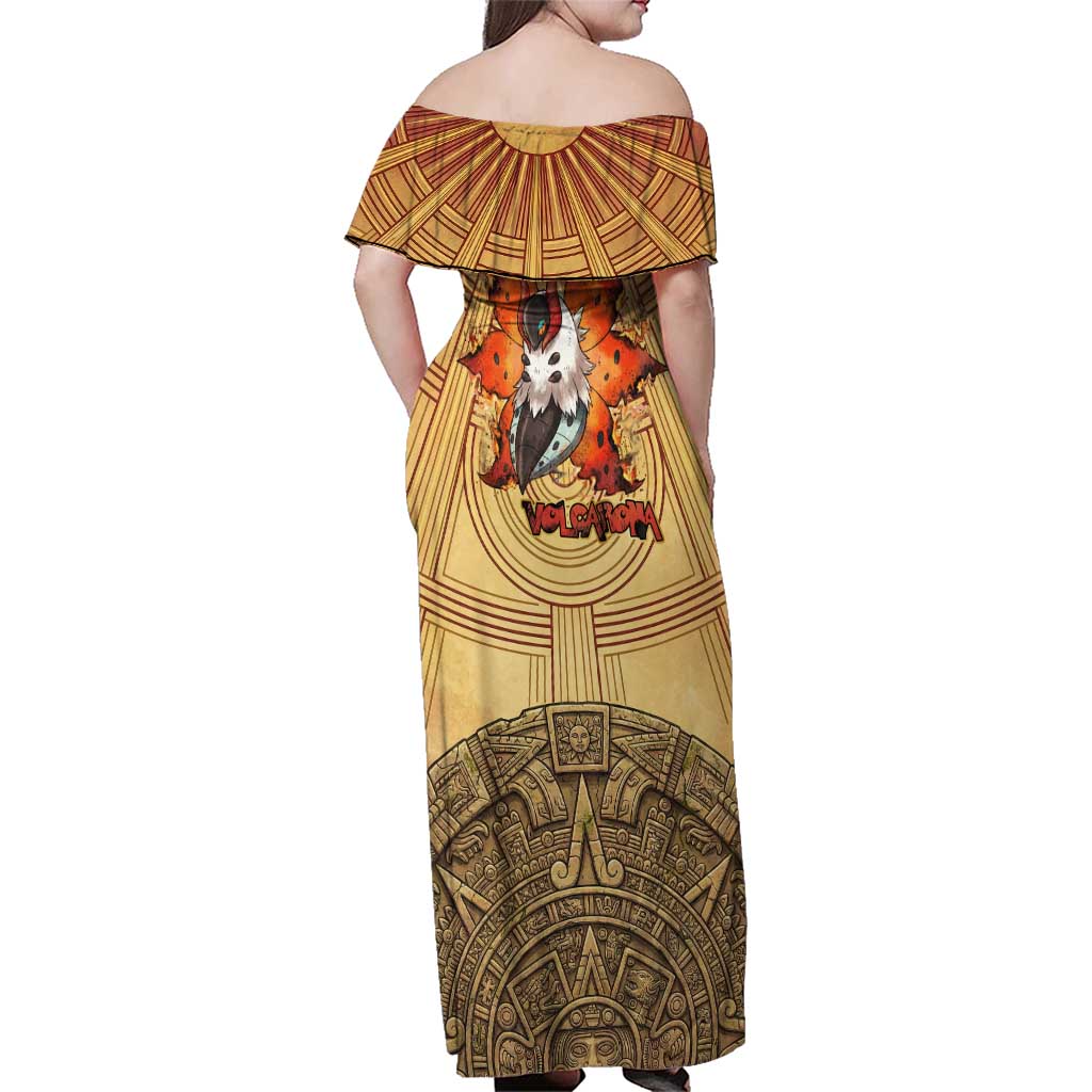 Volcarona Family Matching Off Shoulder Maxi Dress and Hawaiian Shirt Aztec Sun God Tapestry Art