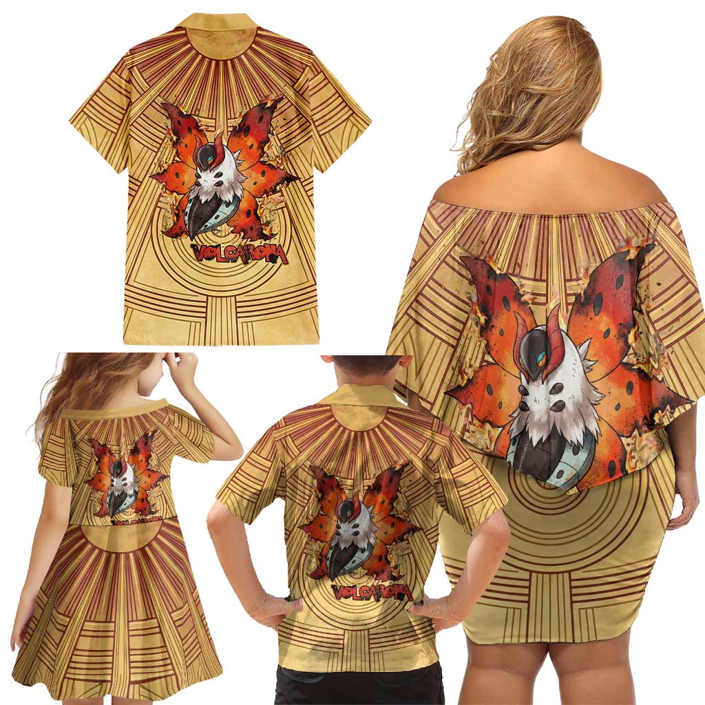 Volcarona Family Matching Off Shoulder Short Dress and Hawaiian Shirt Aztec Sun God Tapestry Art
