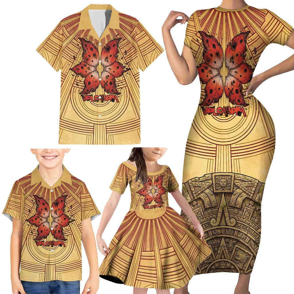 Volcarona Family Matching Short Sleeve Bodycon Dress and Hawaiian Shirt Aztec Sun God Tapestry Art