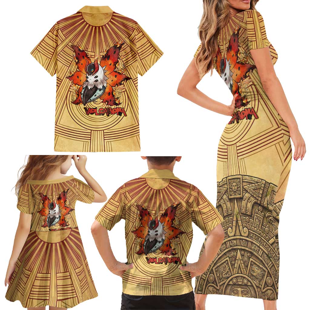 Volcarona Family Matching Short Sleeve Bodycon Dress and Hawaiian Shirt Aztec Sun God Tapestry Art