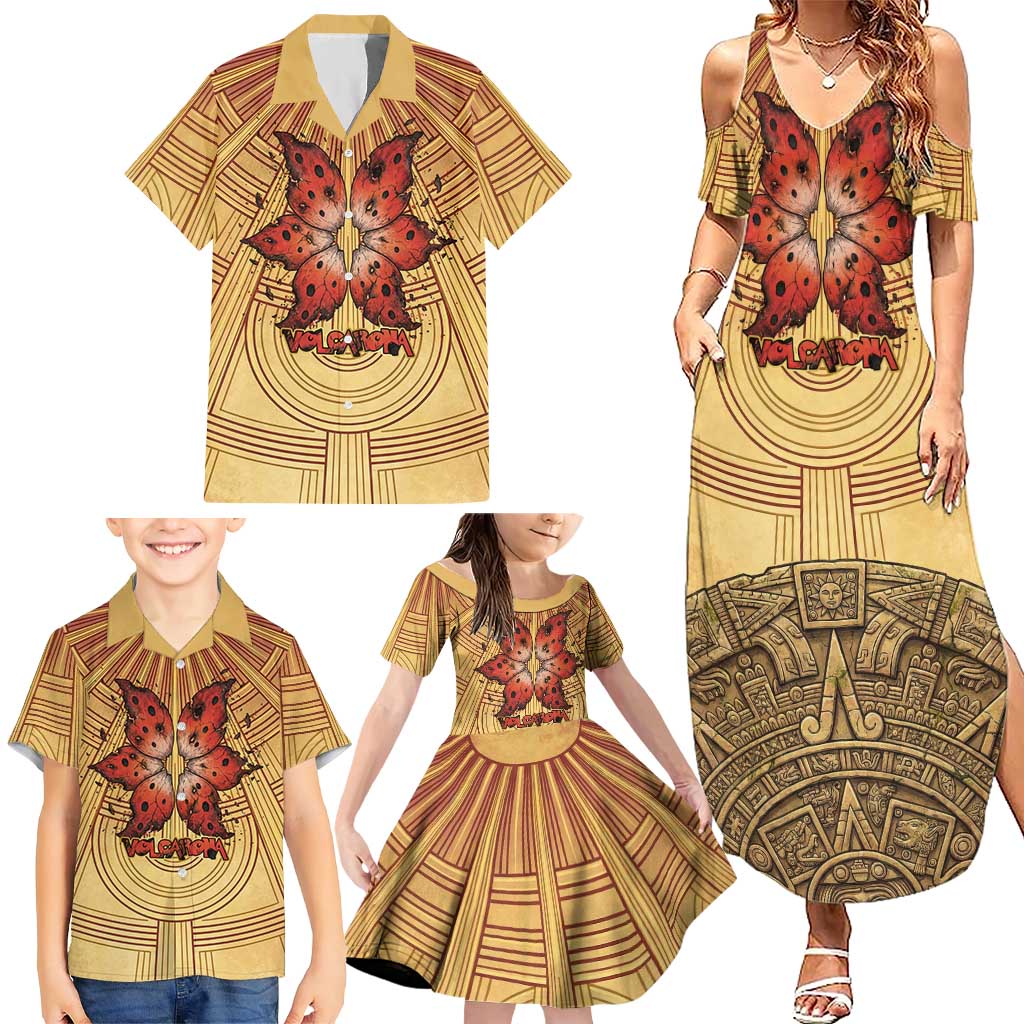 Volcarona Family Matching Summer Maxi Dress and Hawaiian Shirt Aztec Sun God Tapestry Art