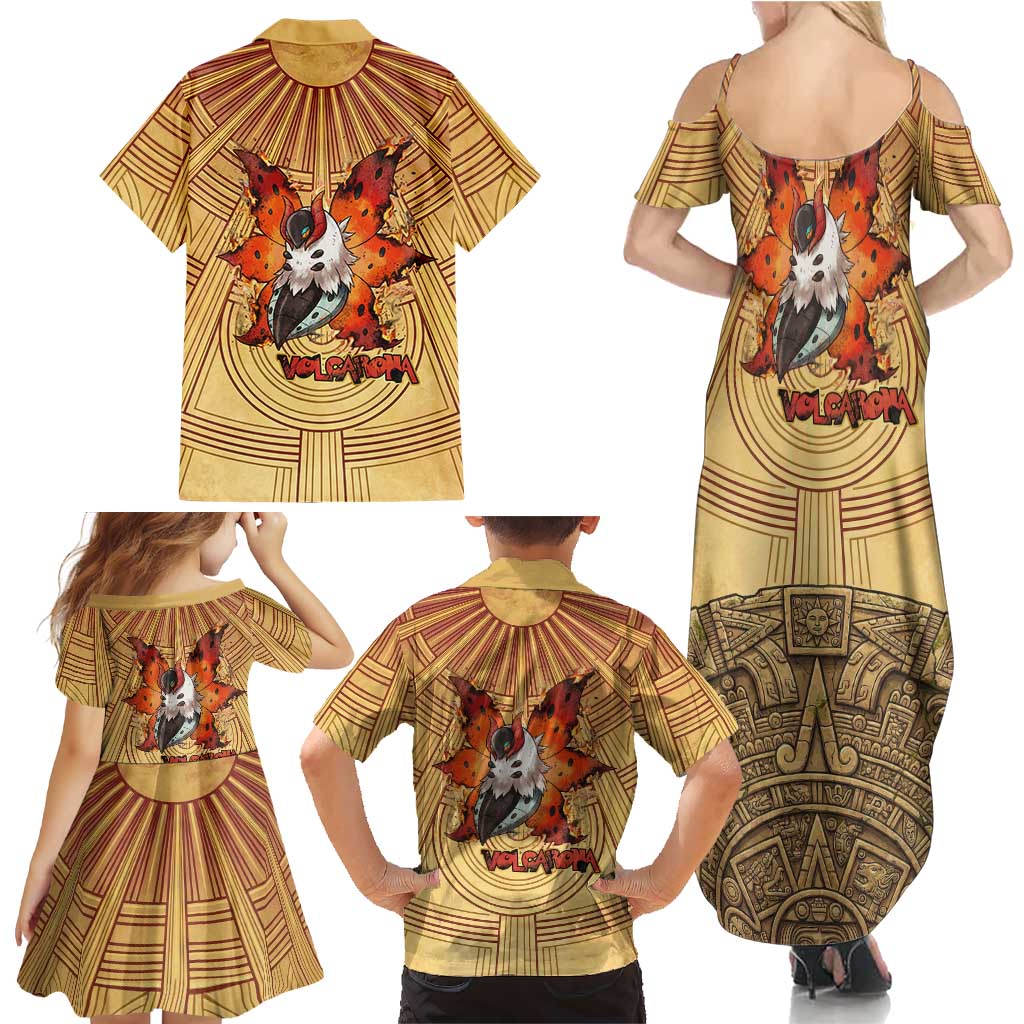 Volcarona Family Matching Summer Maxi Dress and Hawaiian Shirt Aztec Sun God Tapestry Art