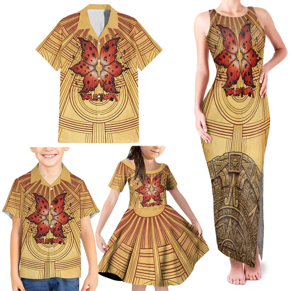 Volcarona Family Matching Tank Maxi Dress and Hawaiian Shirt Aztec Sun God Tapestry Art