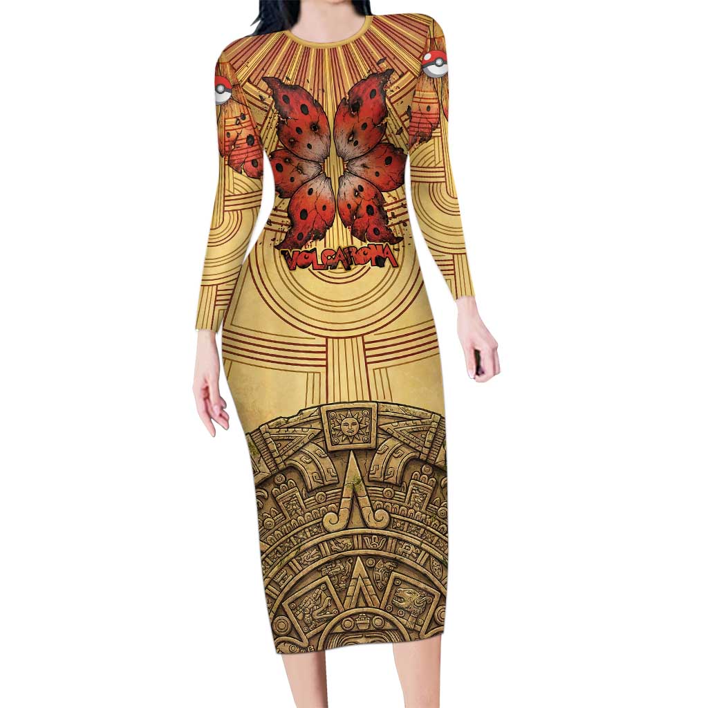 Volcarona Long Sleeve Bodycon Dress Aztec Sun God Tapestry Art