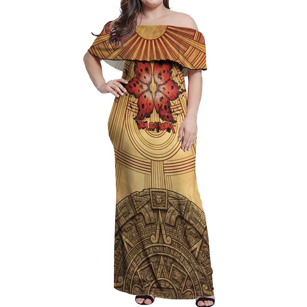 Volcarona Off Shoulder Maxi Dress Aztec Sun God Tapestry Art