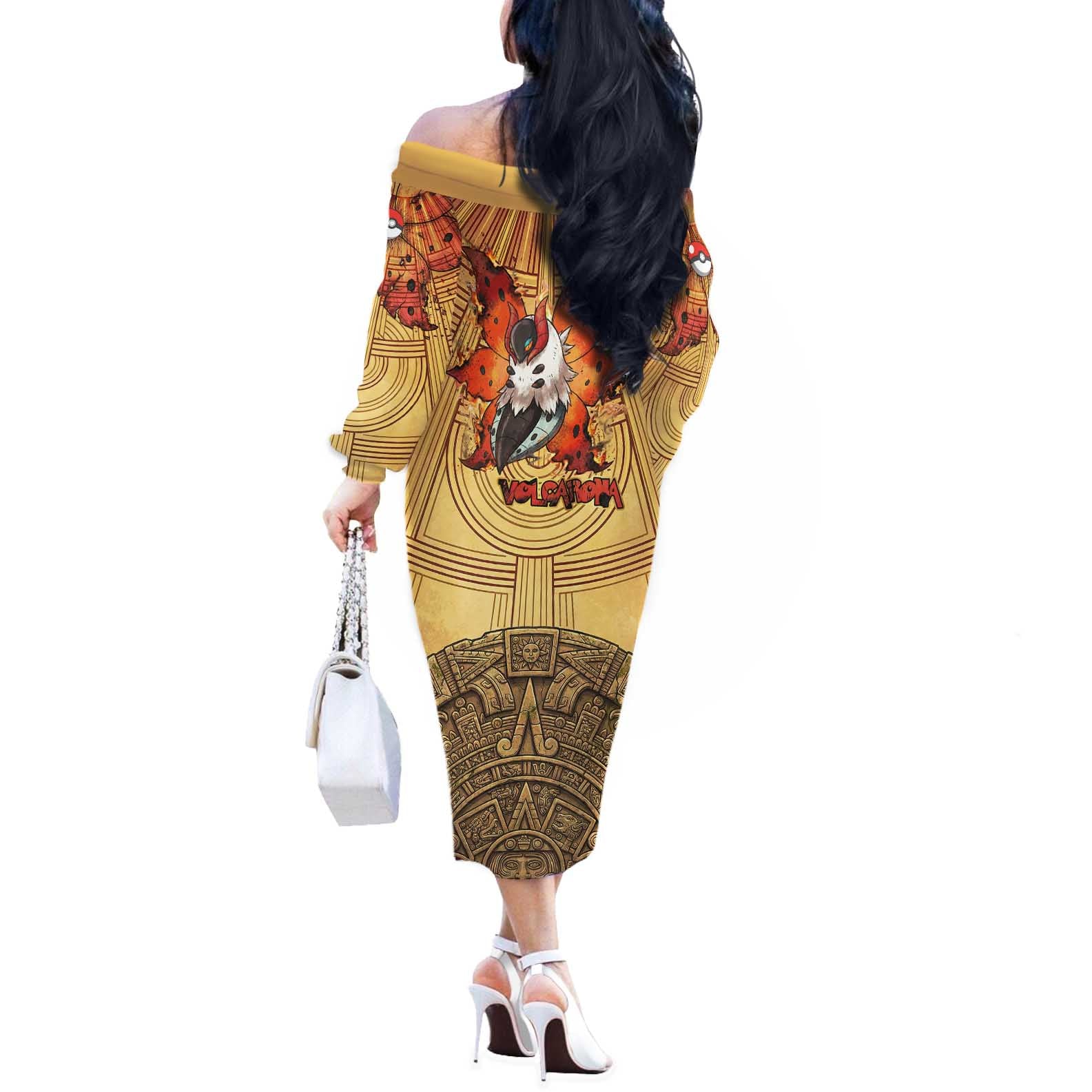 Volcarona Off The Shoulder Long Sleeve Dress Aztec Sun God Tapestry Art