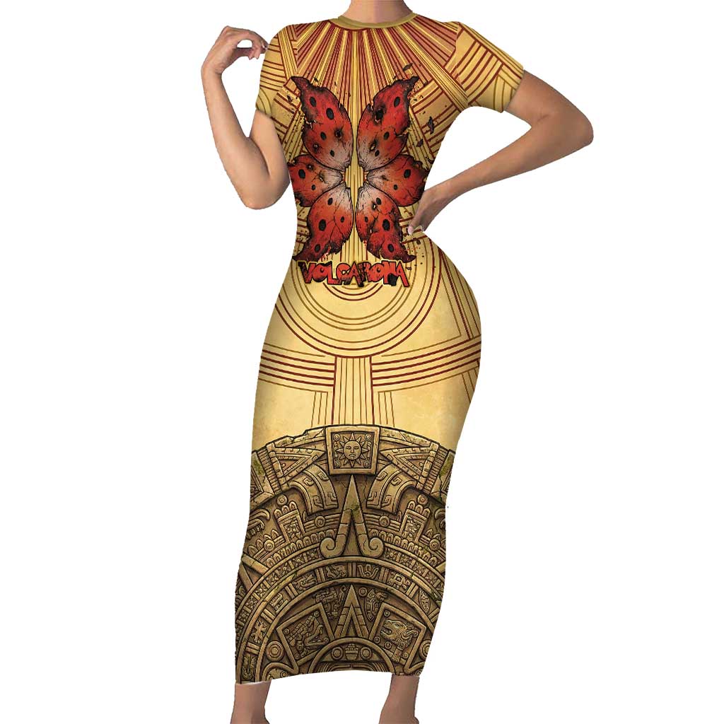 Volcarona Short Sleeve Bodycon Dress Aztec Sun God Tapestry Art