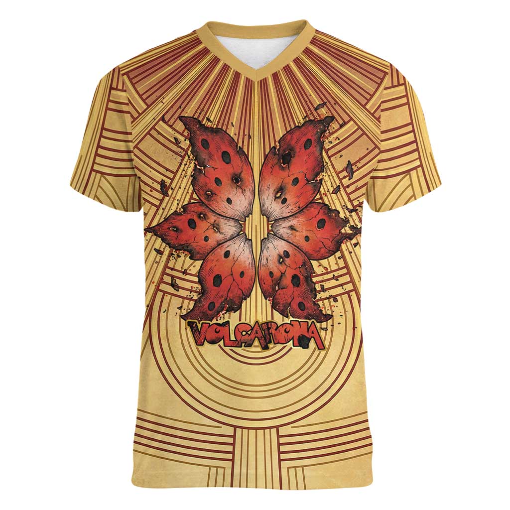 Volcarona Women V-Neck T-Shirt Aztec Sun God Tapestry Art