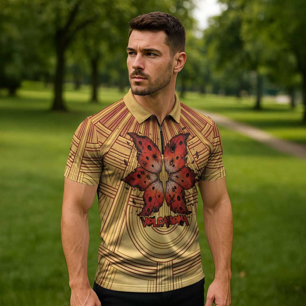Volcarona Zipper Polo Shirt Aztec Sun God Tapestry Art