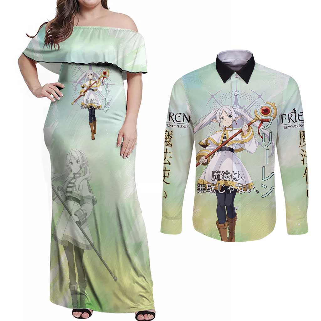 Frieren Frieren Beyond Journey’s End Couples Matching Off Shoulder Maxi Dress and Long Sleeve Button Shirt Ethereal Fantasy Anime Style