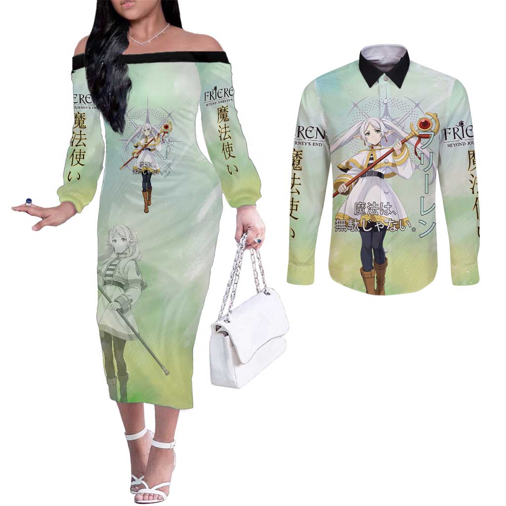 Frieren Frieren Beyond Journey’s End Couples Matching Off The Shoulder Long Sleeve Dress and Long Sleeve Button Shirt Ethereal Fantasy Anime Style