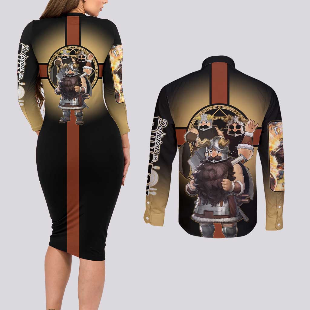 Senshi Viking Warrior Couples Matching Long Sleeve Bodycon Dress and Long Sleeve Button Shirt Fantasy Game Art Style