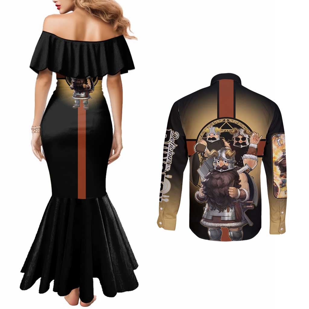 Senshi Viking Warrior Couples Matching Mermaid Dress and Long Sleeve Button Shirt Fantasy Game Art Style