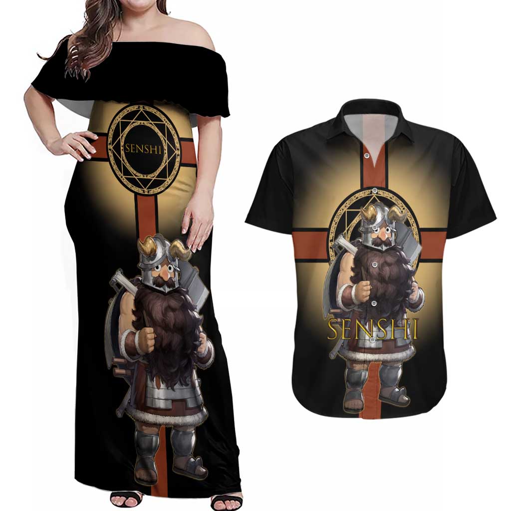 Senshi Viking Warrior Couples Matching Off Shoulder Maxi Dress and Hawaiian Shirt Fantasy Game Art Style