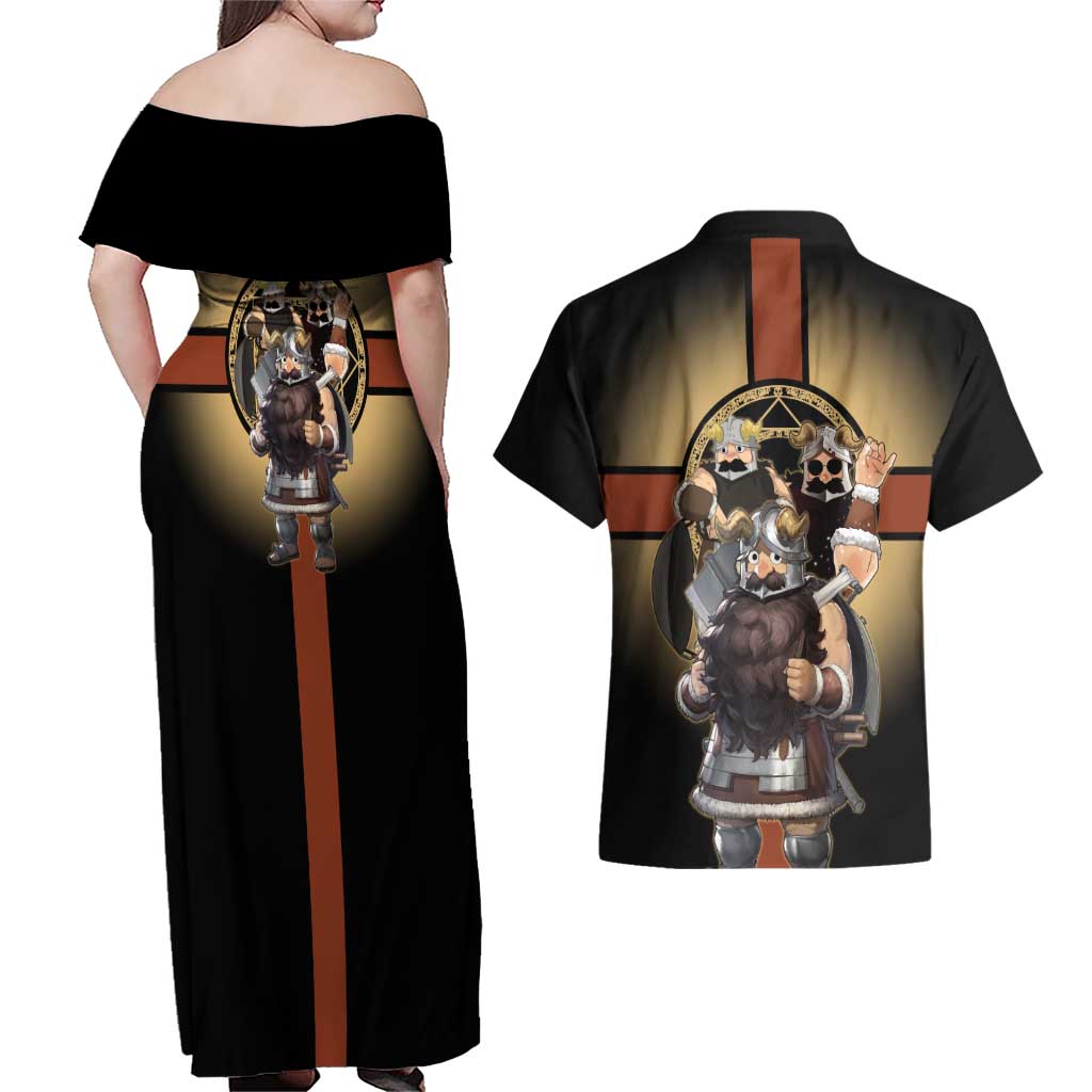 Senshi Viking Warrior Couples Matching Off Shoulder Maxi Dress and Hawaiian Shirt Fantasy Game Art Style