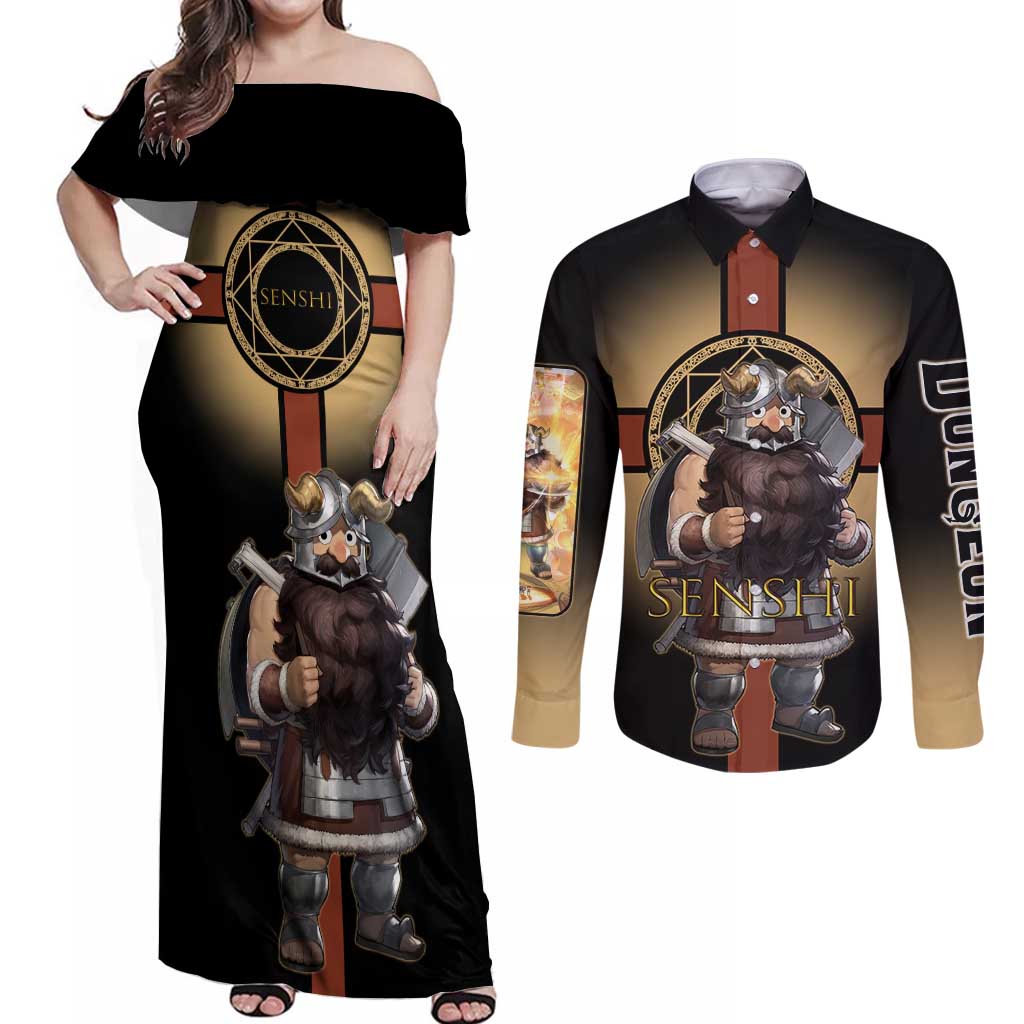 Senshi Viking Warrior Couples Matching Off Shoulder Maxi Dress and Long Sleeve Button Shirt Fantasy Game Art Style