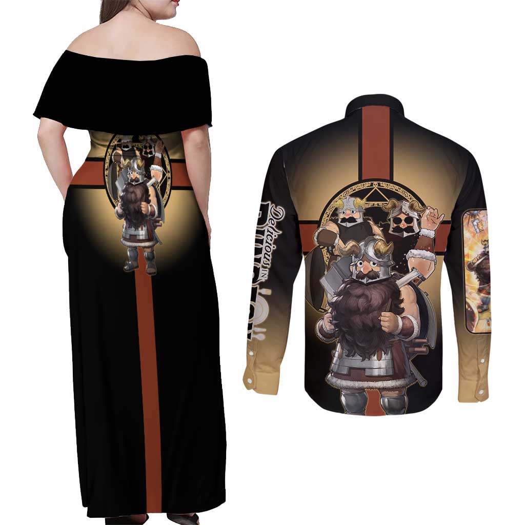 Senshi Viking Warrior Couples Matching Off Shoulder Maxi Dress and Long Sleeve Button Shirt Fantasy Game Art Style