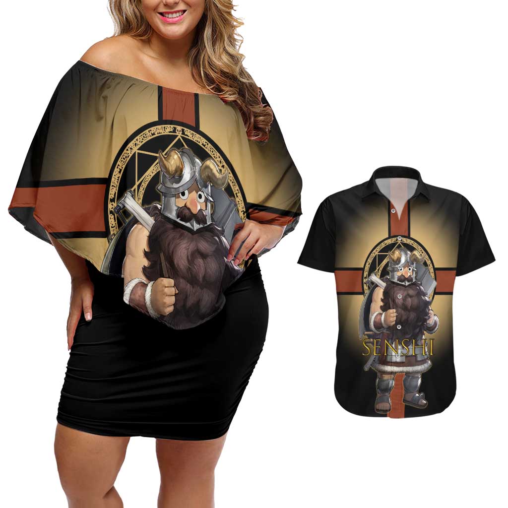 Senshi Viking Warrior Couples Matching Off Shoulder Short Dress and Hawaiian Shirt Fantasy Game Art Style