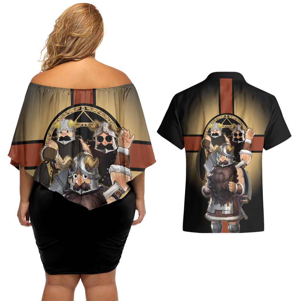 Senshi Viking Warrior Couples Matching Off Shoulder Short Dress and Hawaiian Shirt Fantasy Game Art Style