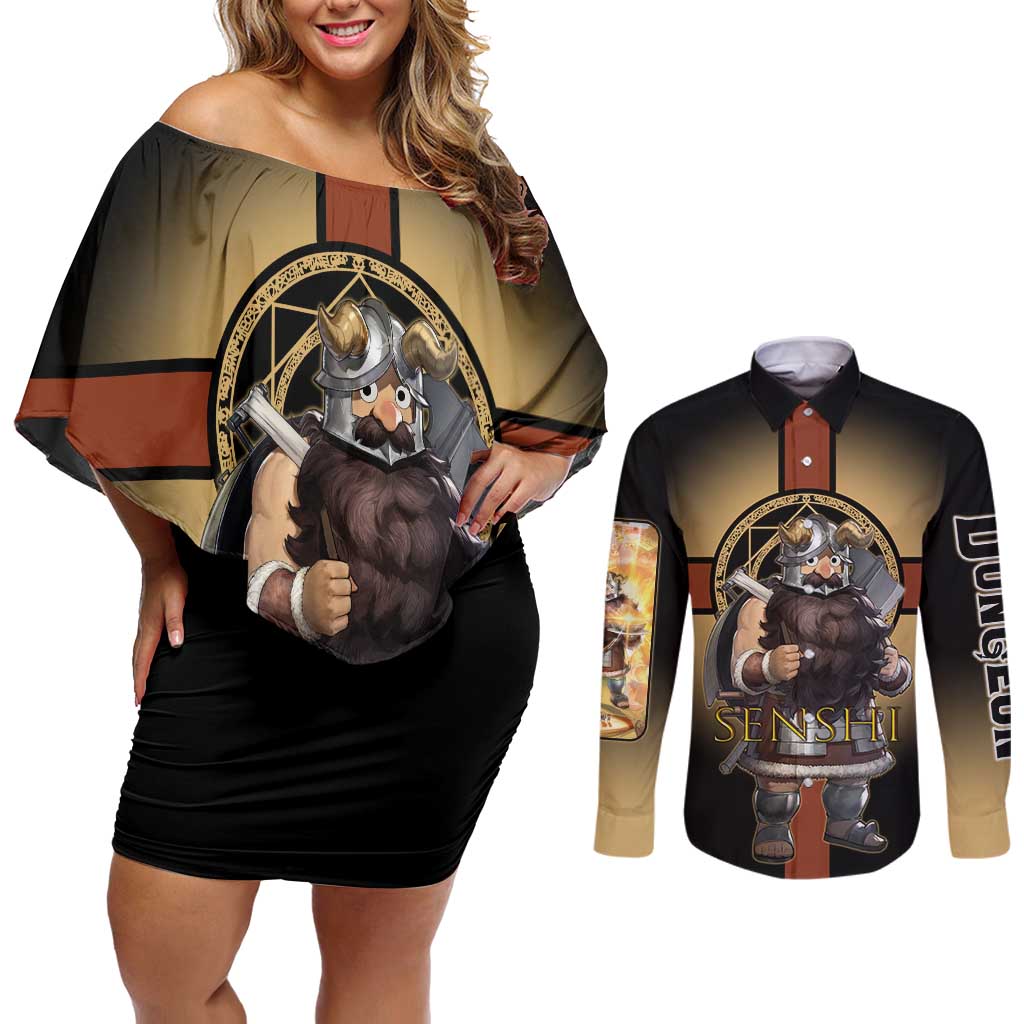 Senshi Viking Warrior Couples Matching Off Shoulder Short Dress and Long Sleeve Button Shirt Fantasy Game Art Style