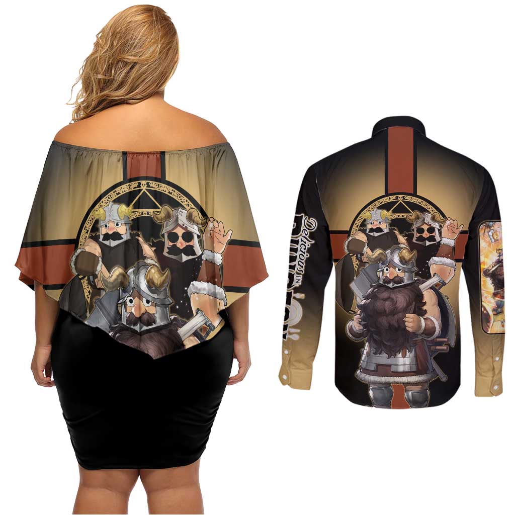 Senshi Viking Warrior Couples Matching Off Shoulder Short Dress and Long Sleeve Button Shirt Fantasy Game Art Style