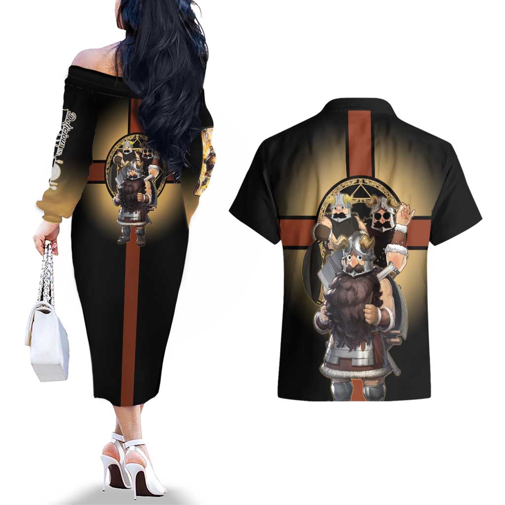 Senshi Viking Warrior Couples Matching Off The Shoulder Long Sleeve Dress and Hawaiian Shirt Fantasy Game Art Style