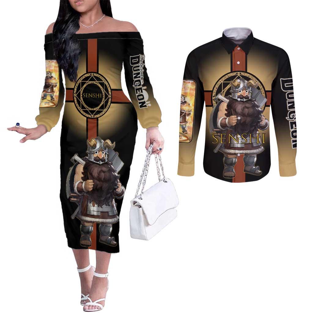Senshi Viking Warrior Couples Matching Off The Shoulder Long Sleeve Dress and Long Sleeve Button Shirt Fantasy Game Art Style