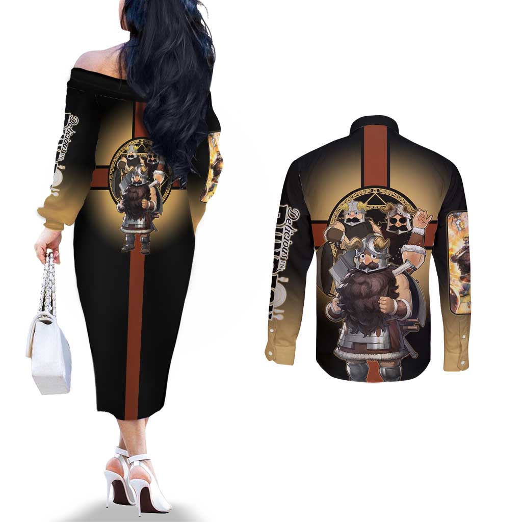 Senshi Viking Warrior Couples Matching Off The Shoulder Long Sleeve Dress and Long Sleeve Button Shirt Fantasy Game Art Style