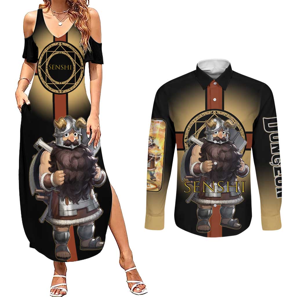 Senshi Viking Warrior Couples Matching Summer Maxi Dress and Long Sleeve Button Shirt Fantasy Game Art Style