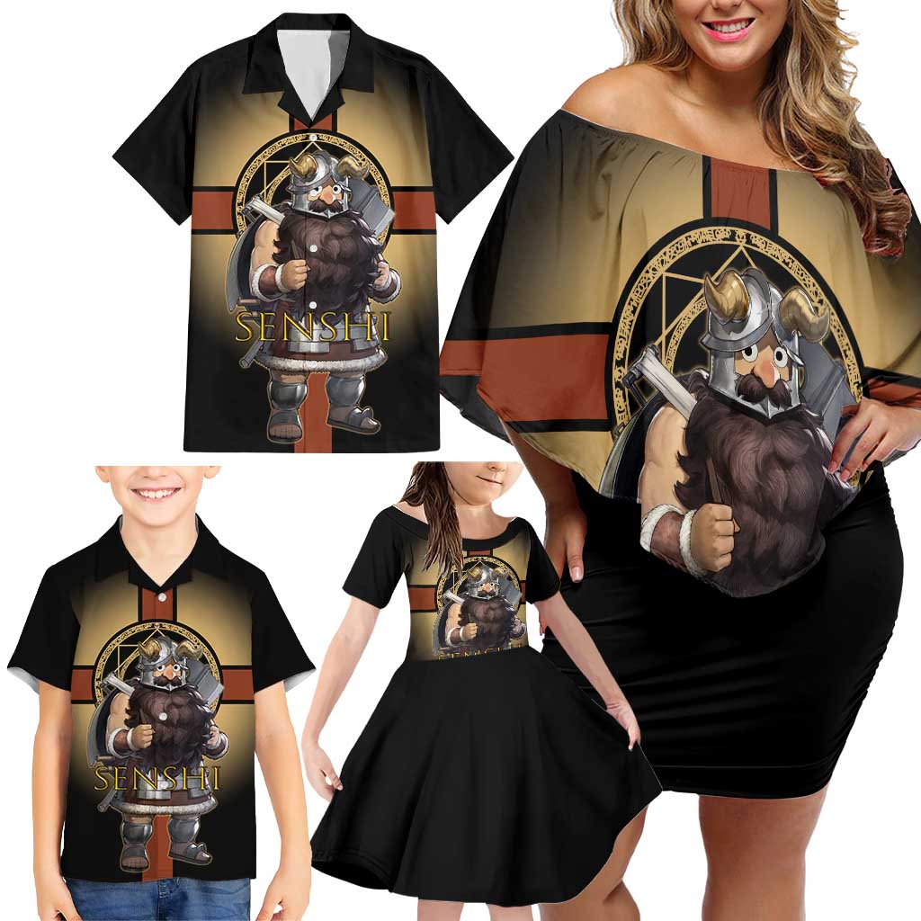 Senshi Viking Warrior Family Matching Off Shoulder Short Dress and Hawaiian Shirt Fantasy Game Art Style
