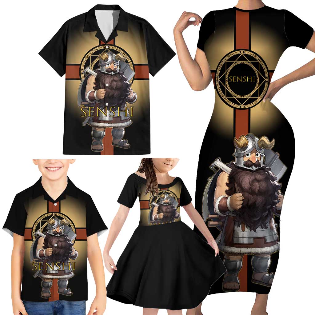 Senshi Viking Warrior Family Matching Short Sleeve Bodycon Dress and Hawaiian Shirt Fantasy Game Art Style