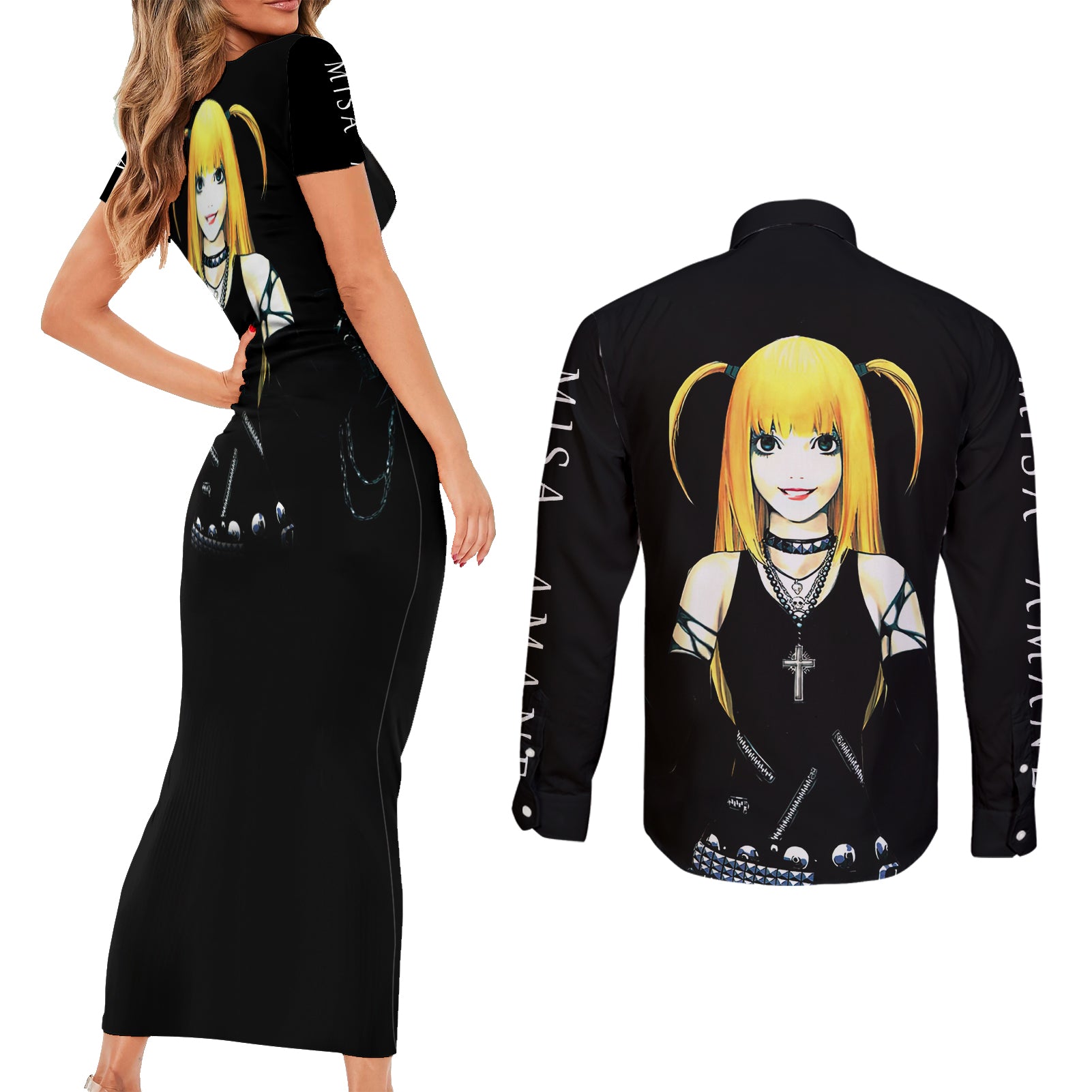 Misa Amane Couples Matching Short Sleeve Bodycon Dress and Long Sleeve Button Shirt