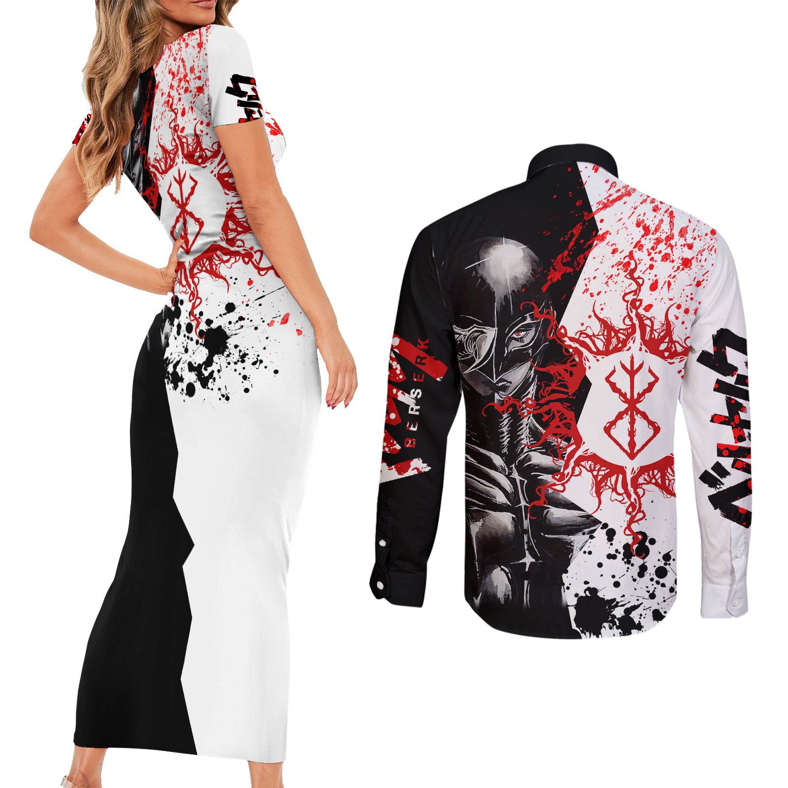 Griffith - Grunge Black And White Couples Matching Short Sleeve Bodycon Dress and Long Sleeve Button Shirt
