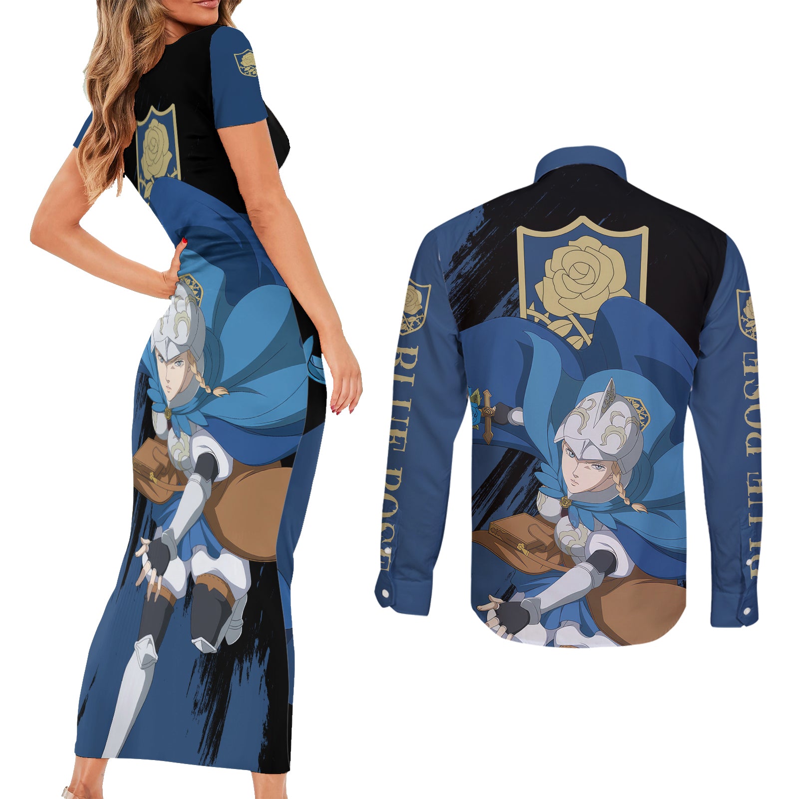 Blue Rose Charlotte Roselei Couples Matching Short Sleeve Bodycon Dress and Long Sleeve Button Shirt Black Clover