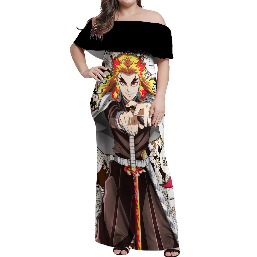 Kyojuro Rengoku Demon Slayer Off Shoulder Maxi Dress Anime Mix Manga Style