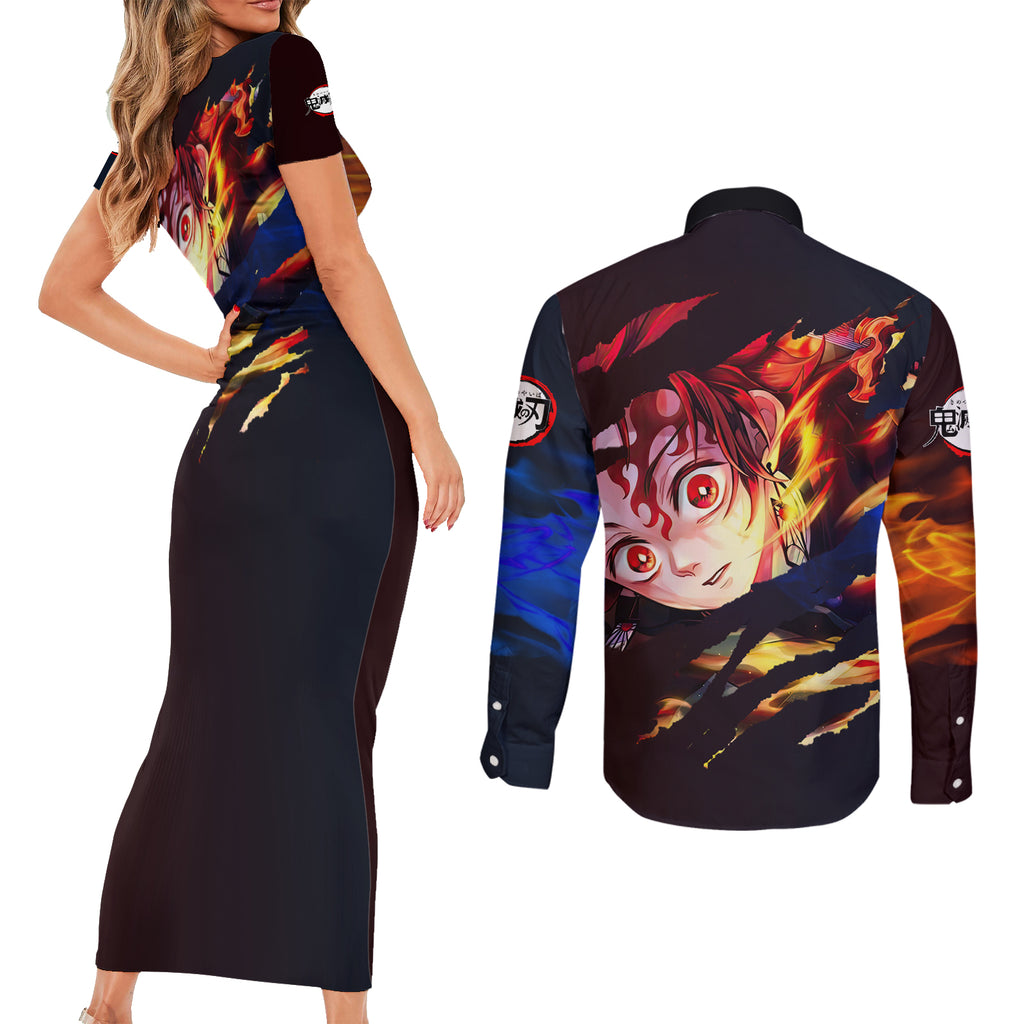 Tanjiro Water and Sun Breathing Demon Slayer Couples Matching Short Sleeve Bodycon Dress and Long Sleeve Button Shirt Anime Style