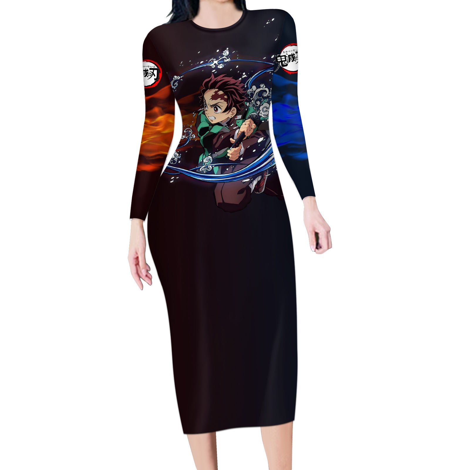 Tanjiro Water and Sun Breathing Demon Slayer Long Sleeve Bodycon Dress Anime Style