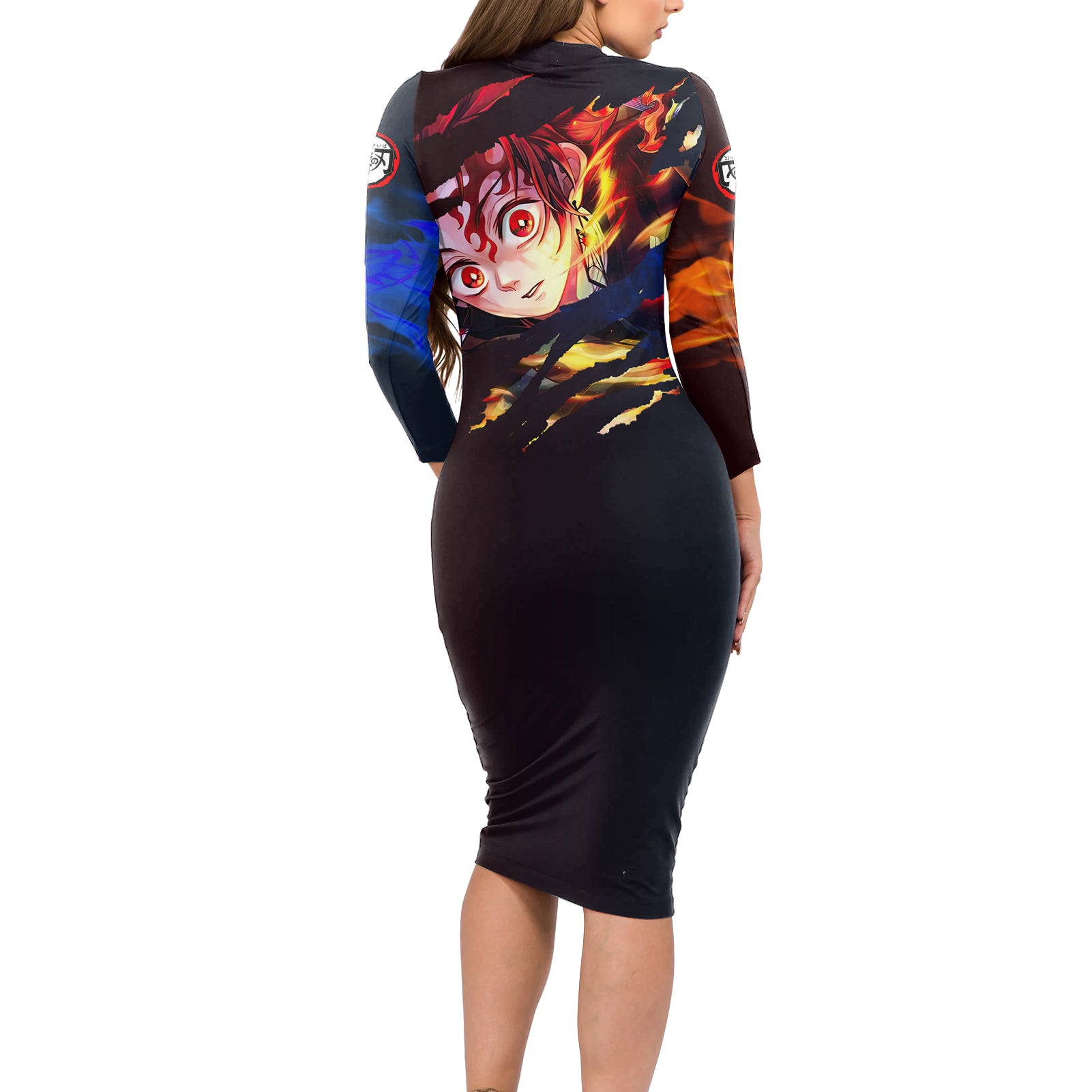 Tanjiro Water and Sun Breathing Demon Slayer Long Sleeve Bodycon Dress Anime Style