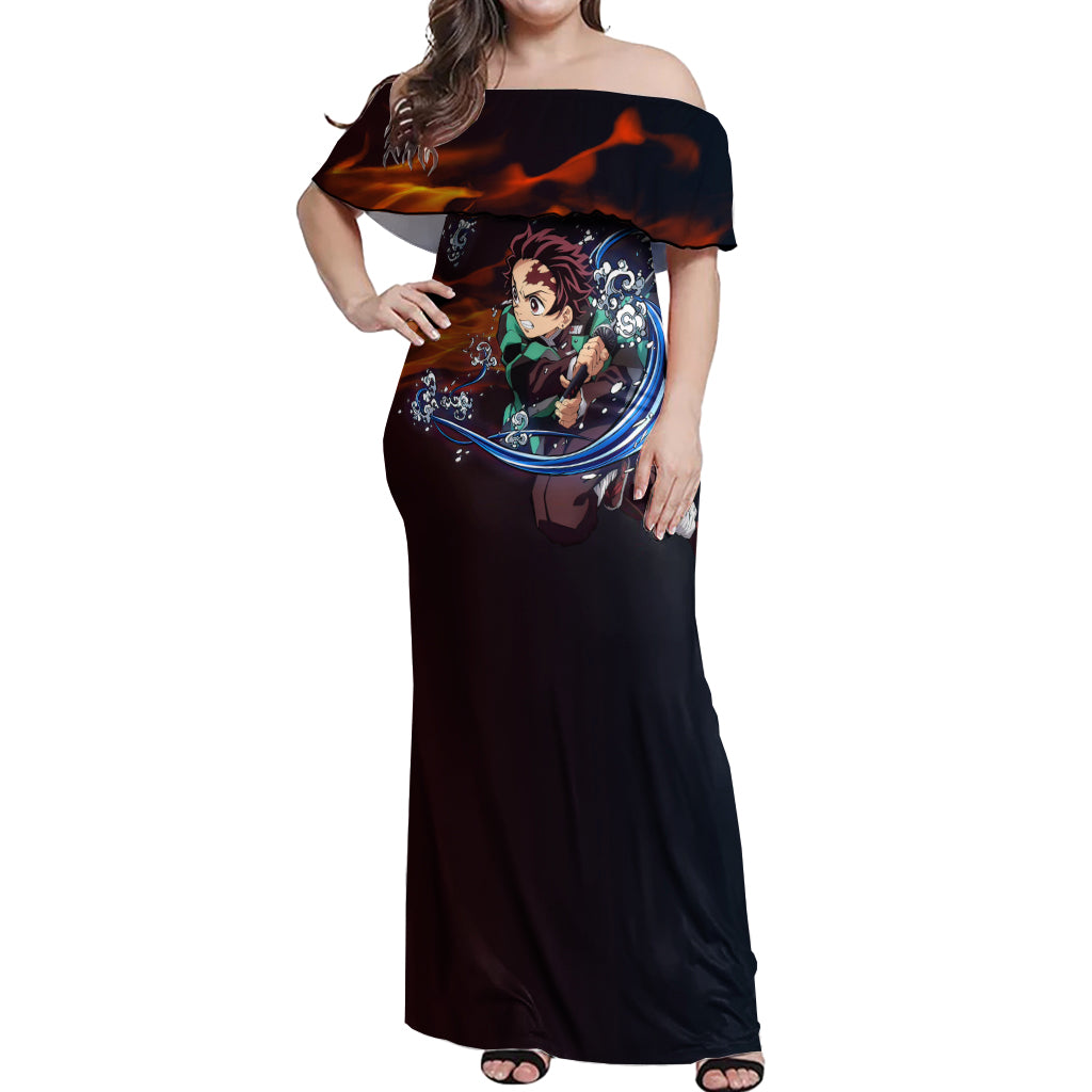 Tanjiro Water and Sun Breathing Demon Slayer Off Shoulder Maxi Dress Anime Style