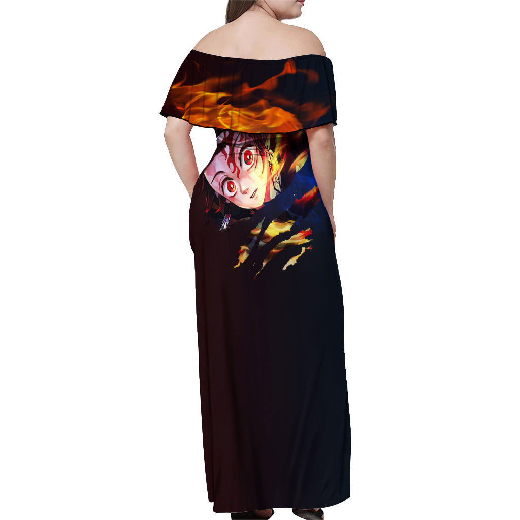 Tanjiro Water and Sun Breathing Demon Slayer Off Shoulder Maxi Dress Anime Style