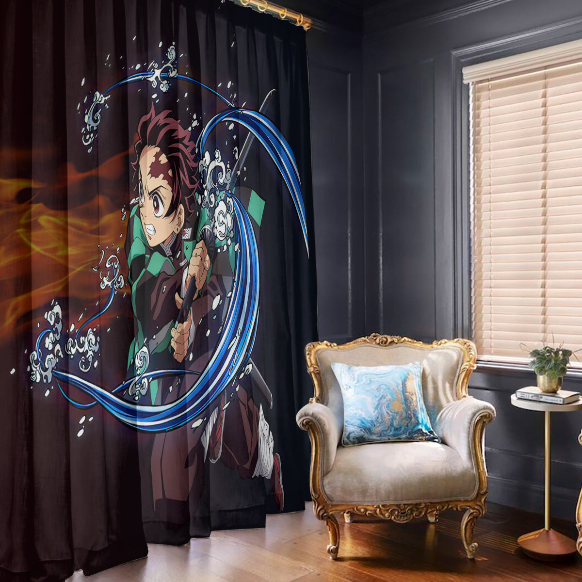 Tanjiro Water and Sun Breathing Demon Slayer Window Curtain Anime Style
