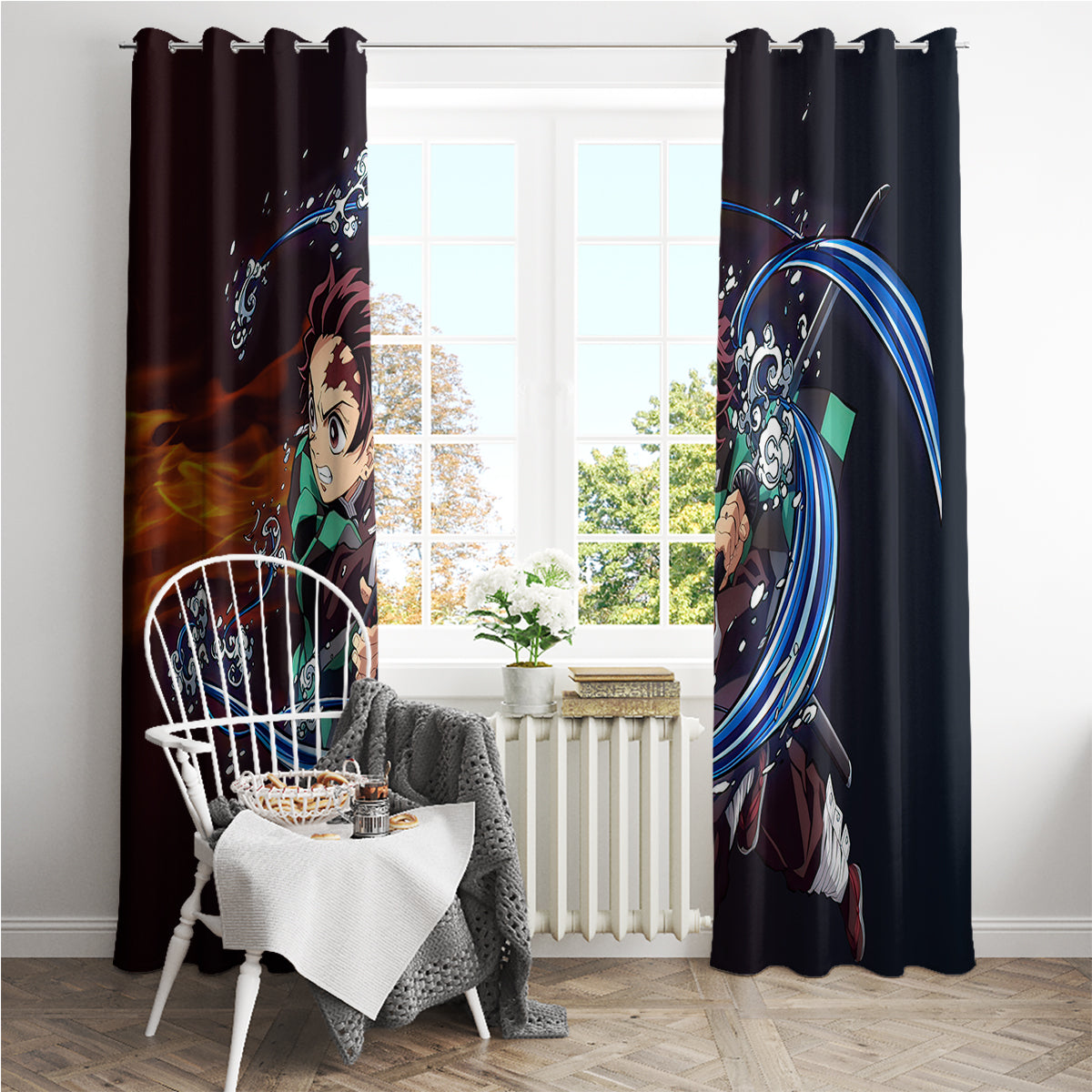 Tanjiro Water and Sun Breathing Demon Slayer Window Curtain Anime Style