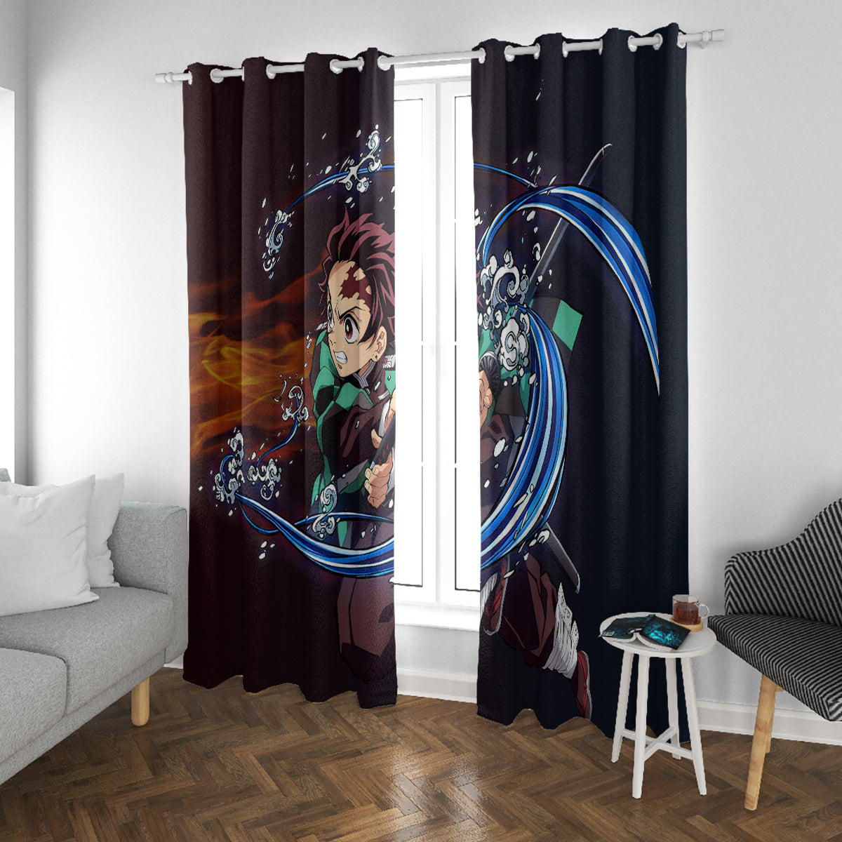Tanjiro Water and Sun Breathing Demon Slayer Window Curtain Anime Style