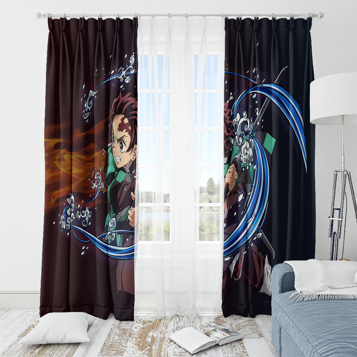 Tanjiro Water and Sun Breathing Demon Slayer Window Curtain Anime Style