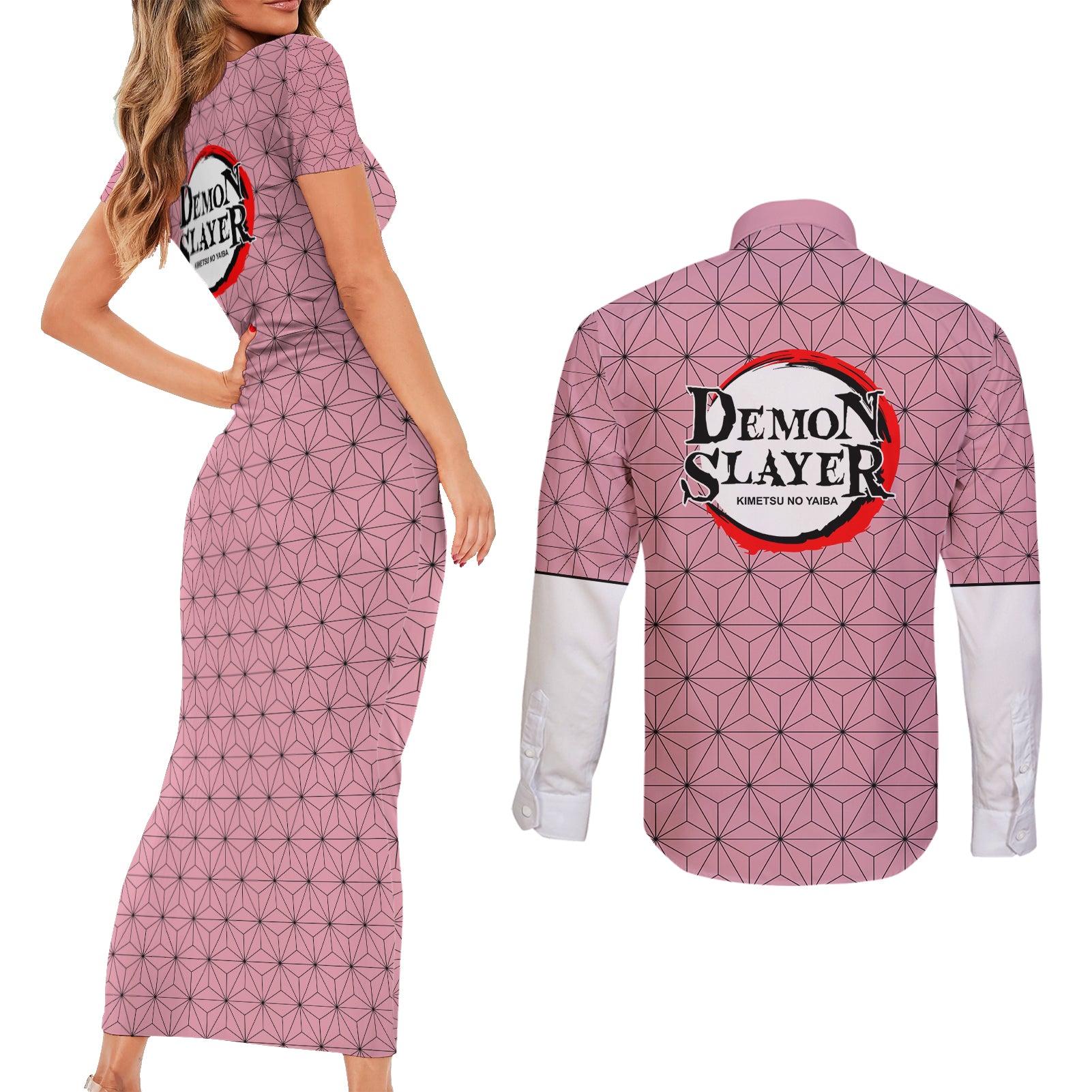 Kimetsu Nezuko Demon Slayer Couples Matching Short Sleeve Bodycon Dress and Long Sleeve Button Shirt Anime Funny Style