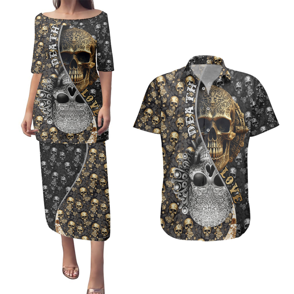 skull-pattern-couples-matching-puletasi-dress-and-hawaiian-shirt-love-and-death